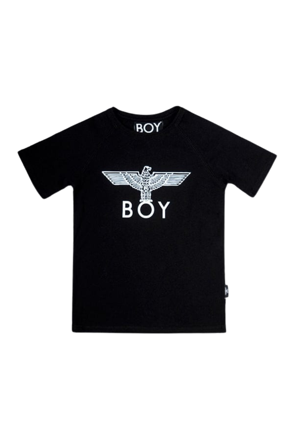 Black t-shirt with 'BOY' logo on a white background