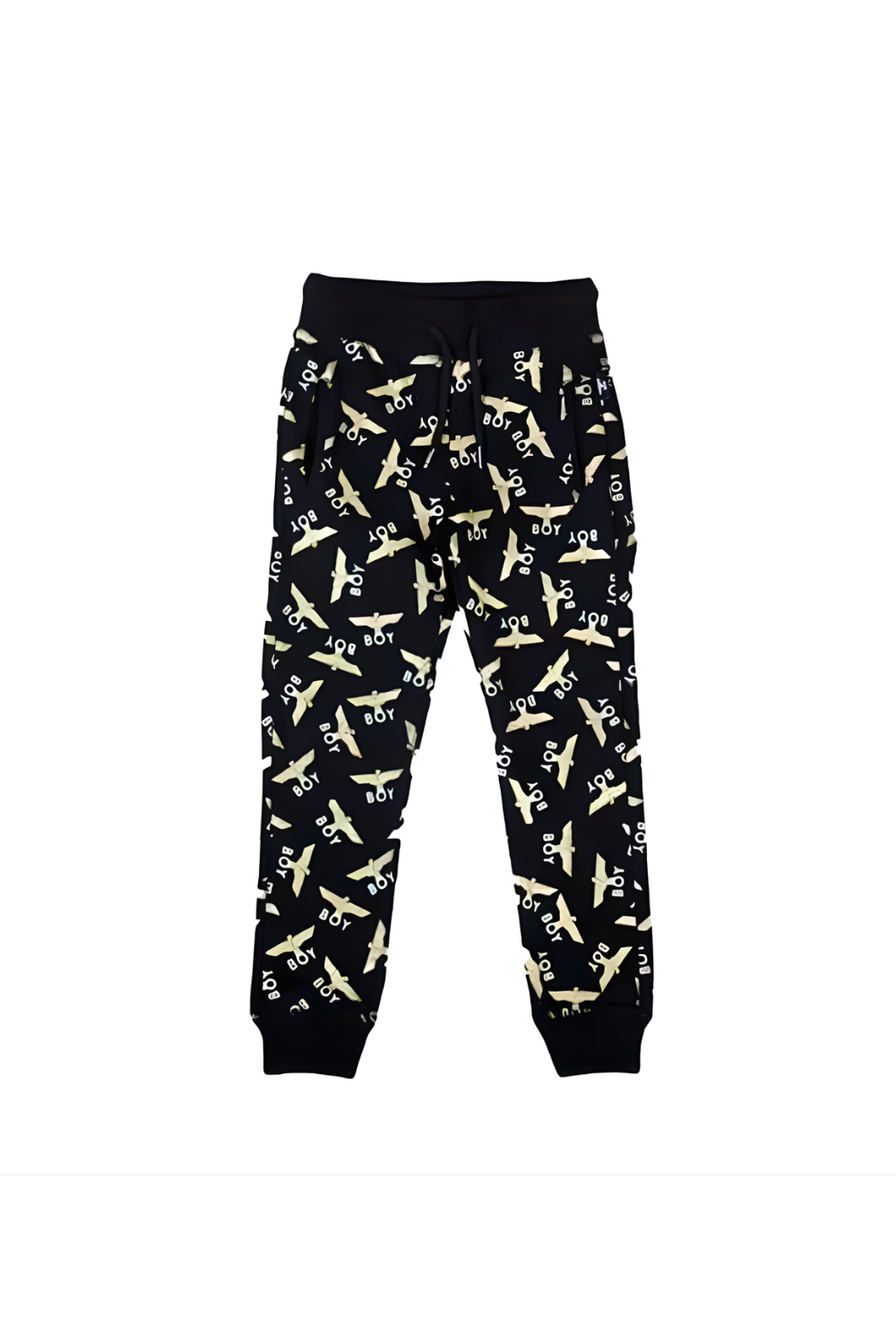 Black Boy London pants with yellow airplane pattern on a white background