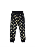 Black Boy London pants with yellow airplane pattern on a white background