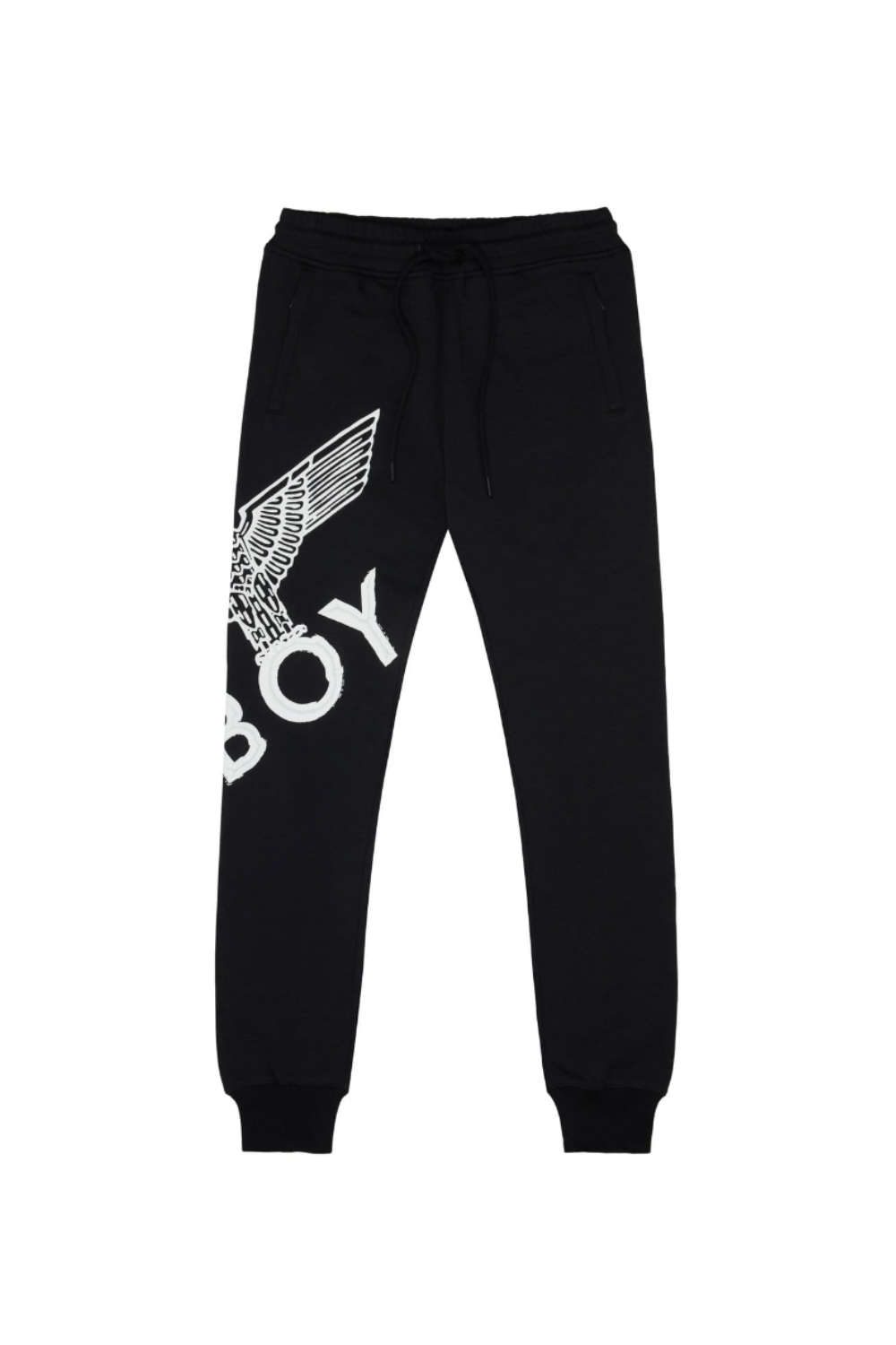 Black sweatpants with white text and design on a white background