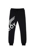 Black sweatpants with white text and design on a white background