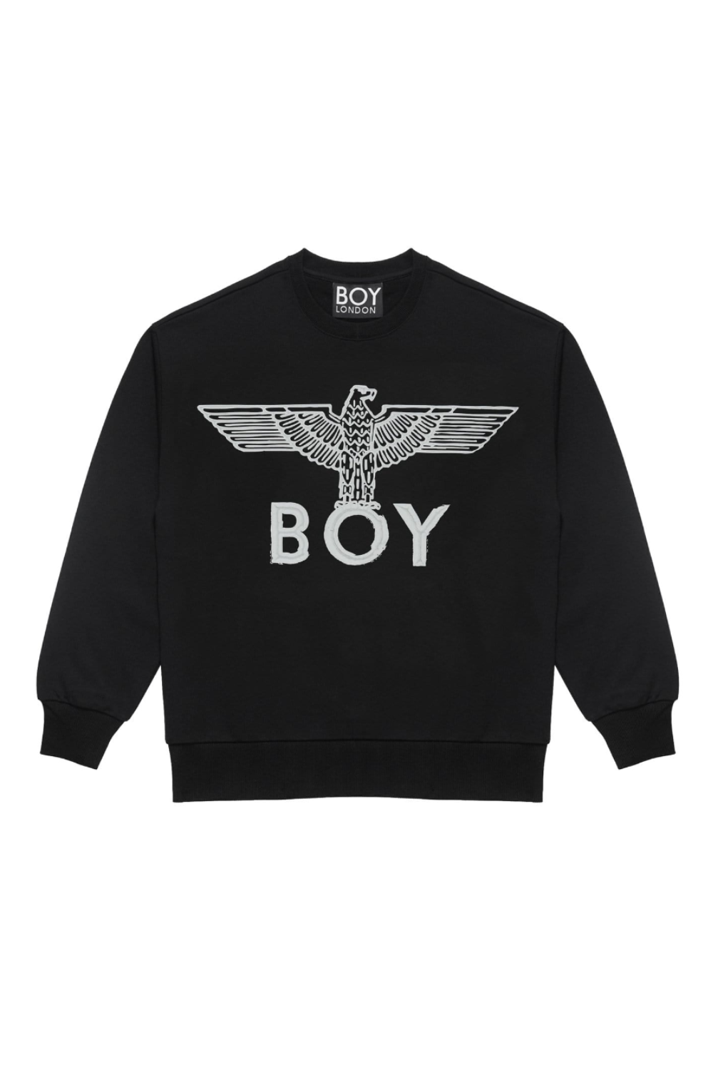 Black Boy London sweatshirt with 'BOY' and eagle design on a white background