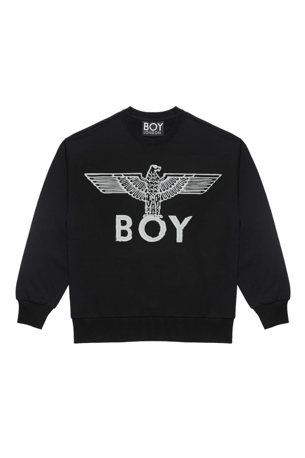 Black Boy London sweatshirt with 'BOY' and eagle design on a white background