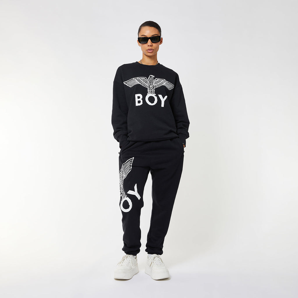 Black Boy London sweatshirt with 'BOY' and eagle design on a white background