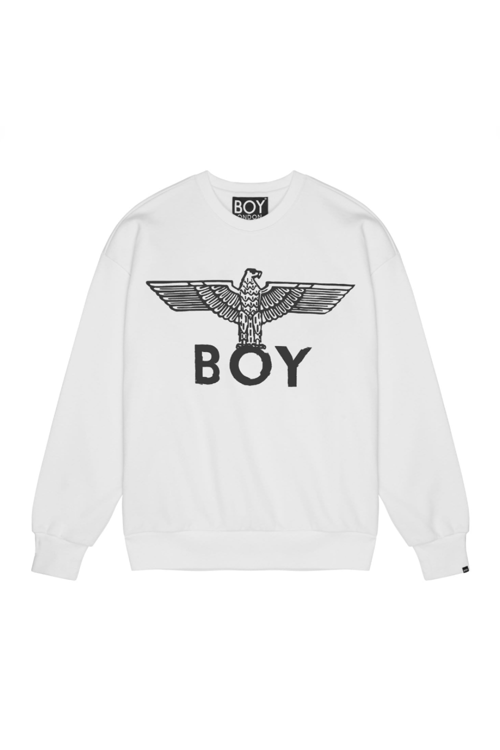 White sweatshirt with black eagle design and 'BOY' branding on a white background