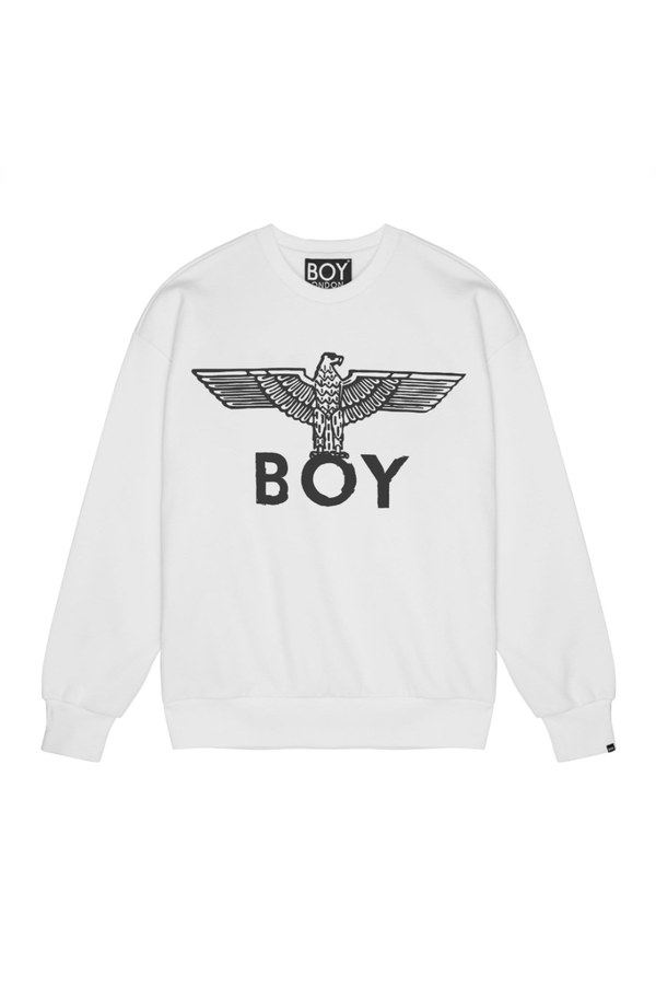 White sweatshirt with black eagle design and 'BOY' branding on a white background