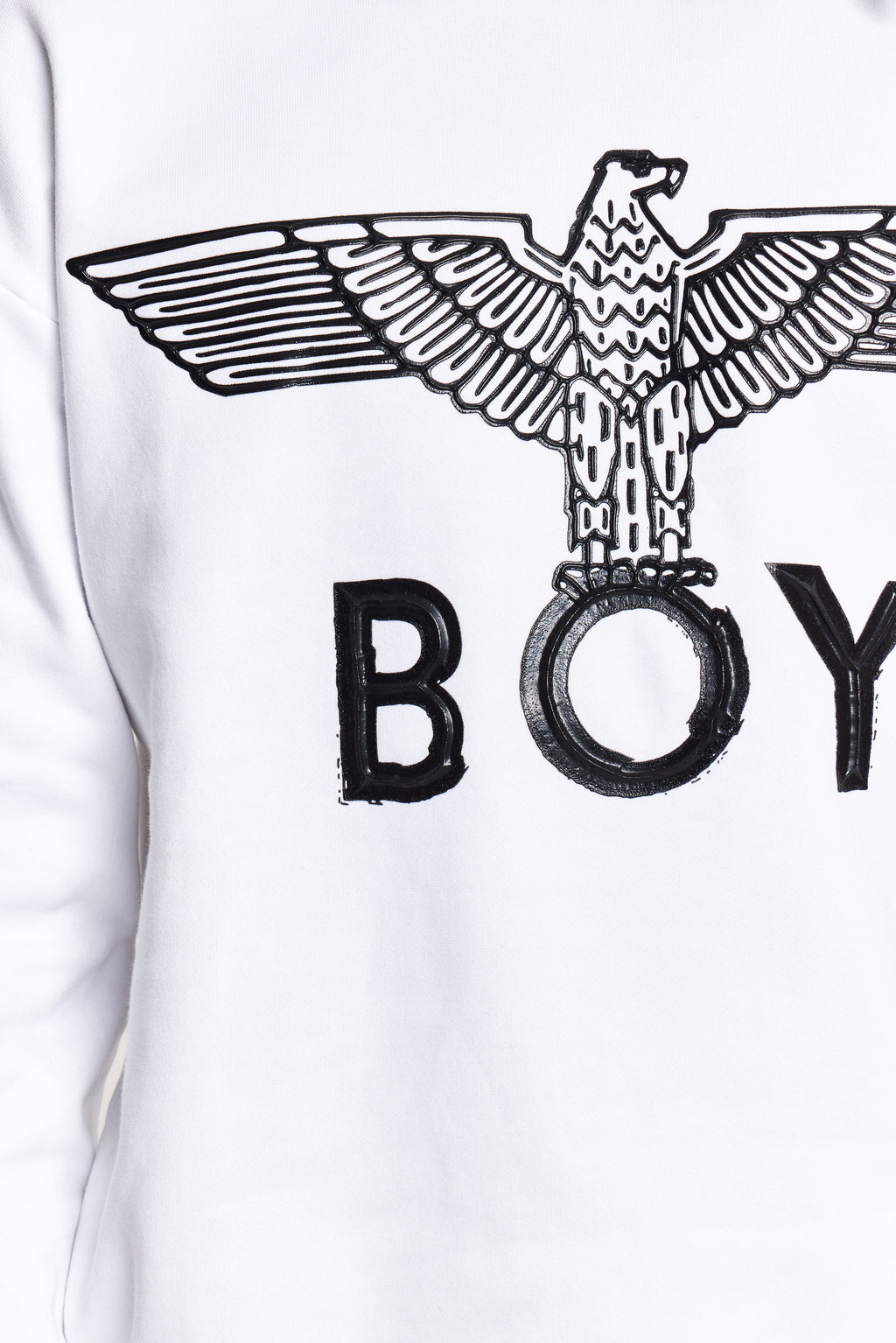White sweatshirt with black BOY eagle logo and 'BOY' text on a white background