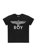 Black t-shirt with white graphic design and 'BOY' London text on a white background