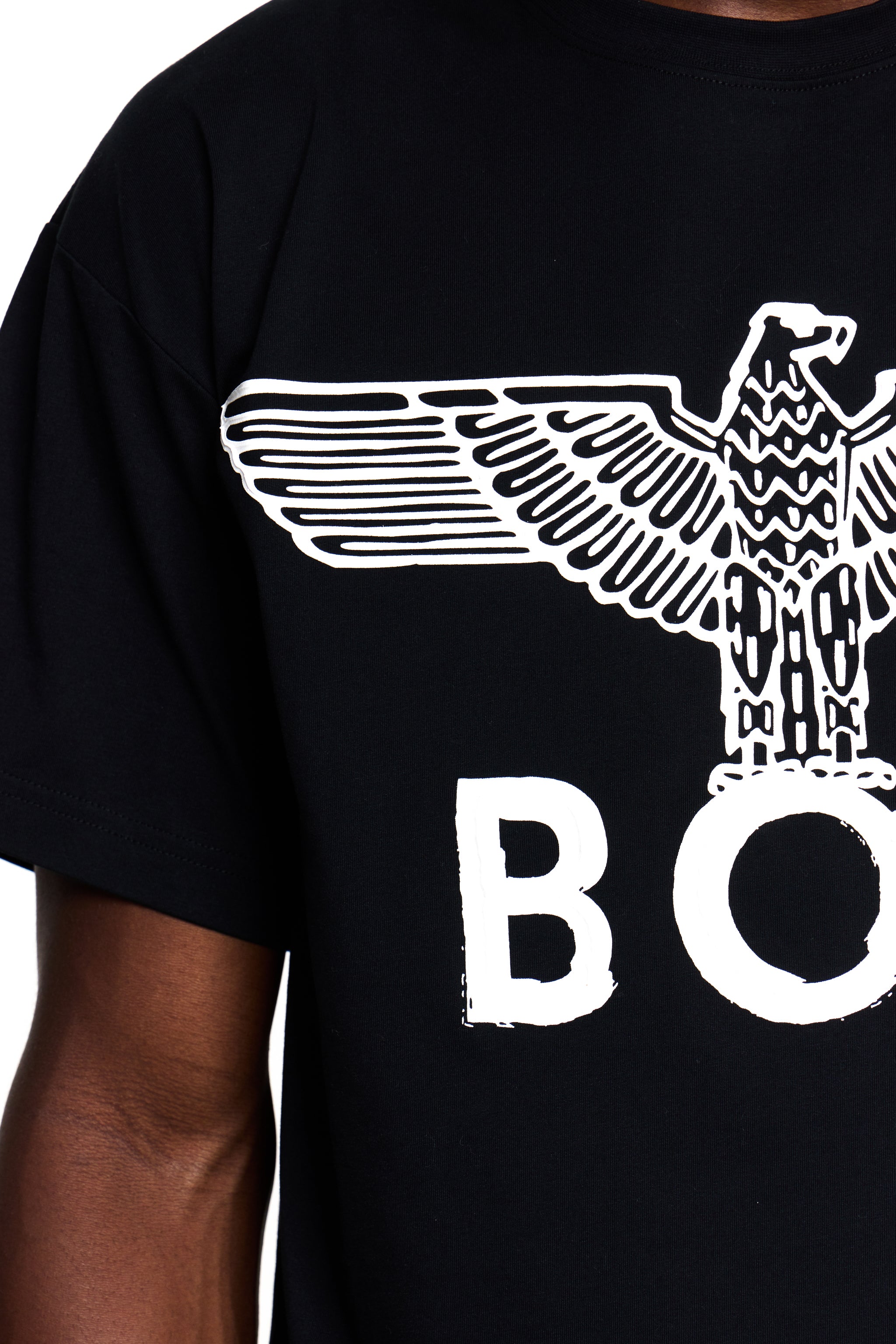 Black t-shirt with a white eagle design and 'BOY' London text on a person wearing it.