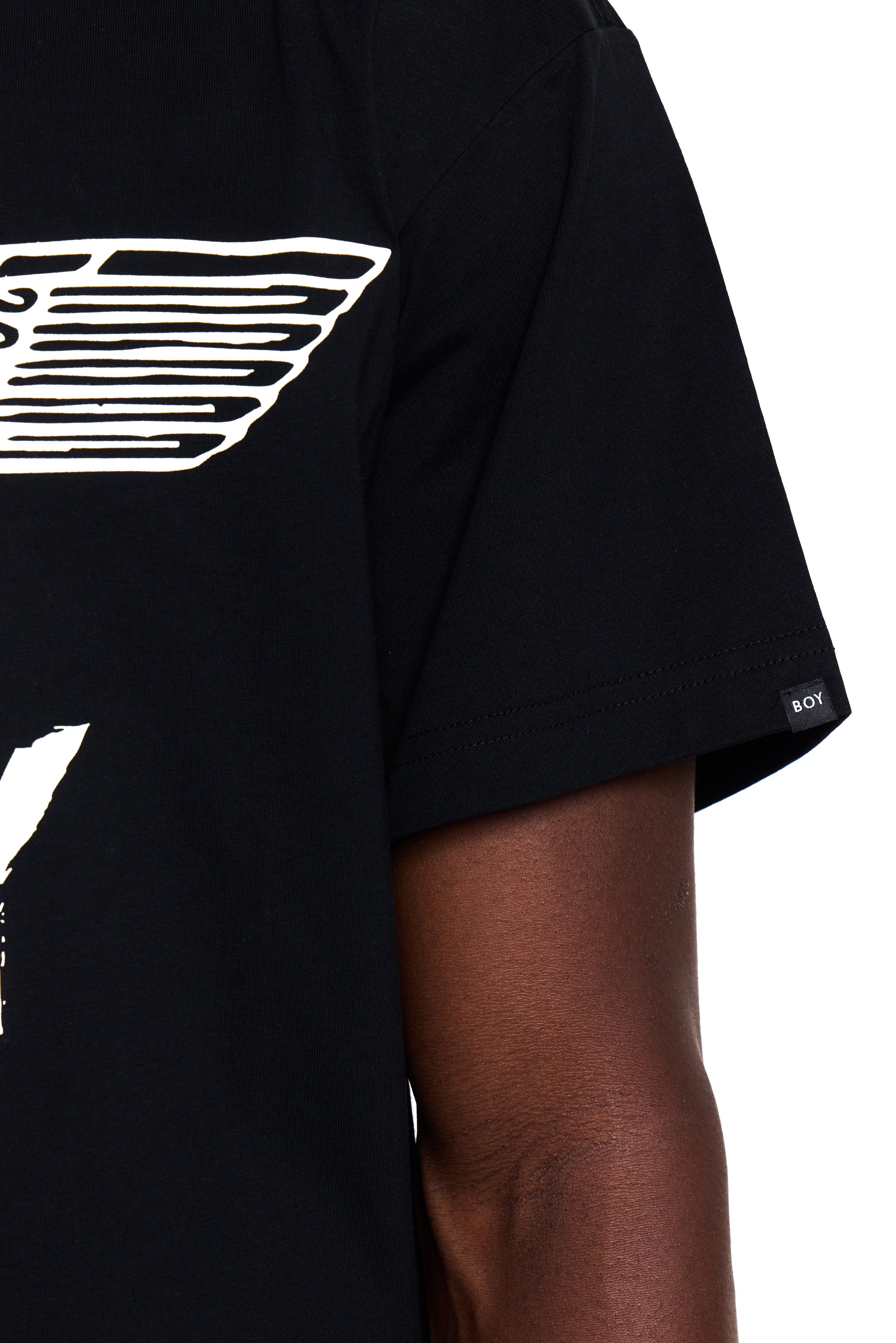 Black t-shirt with white BOY London graphic design on a person wearing it