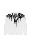White sweatshirt with black wing-like designs and 'BOY' logo on a white background