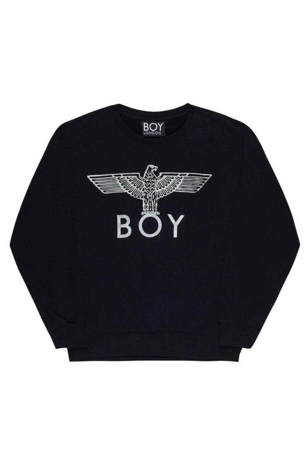 Black sweatshirt with 'BOY' logo on a white background