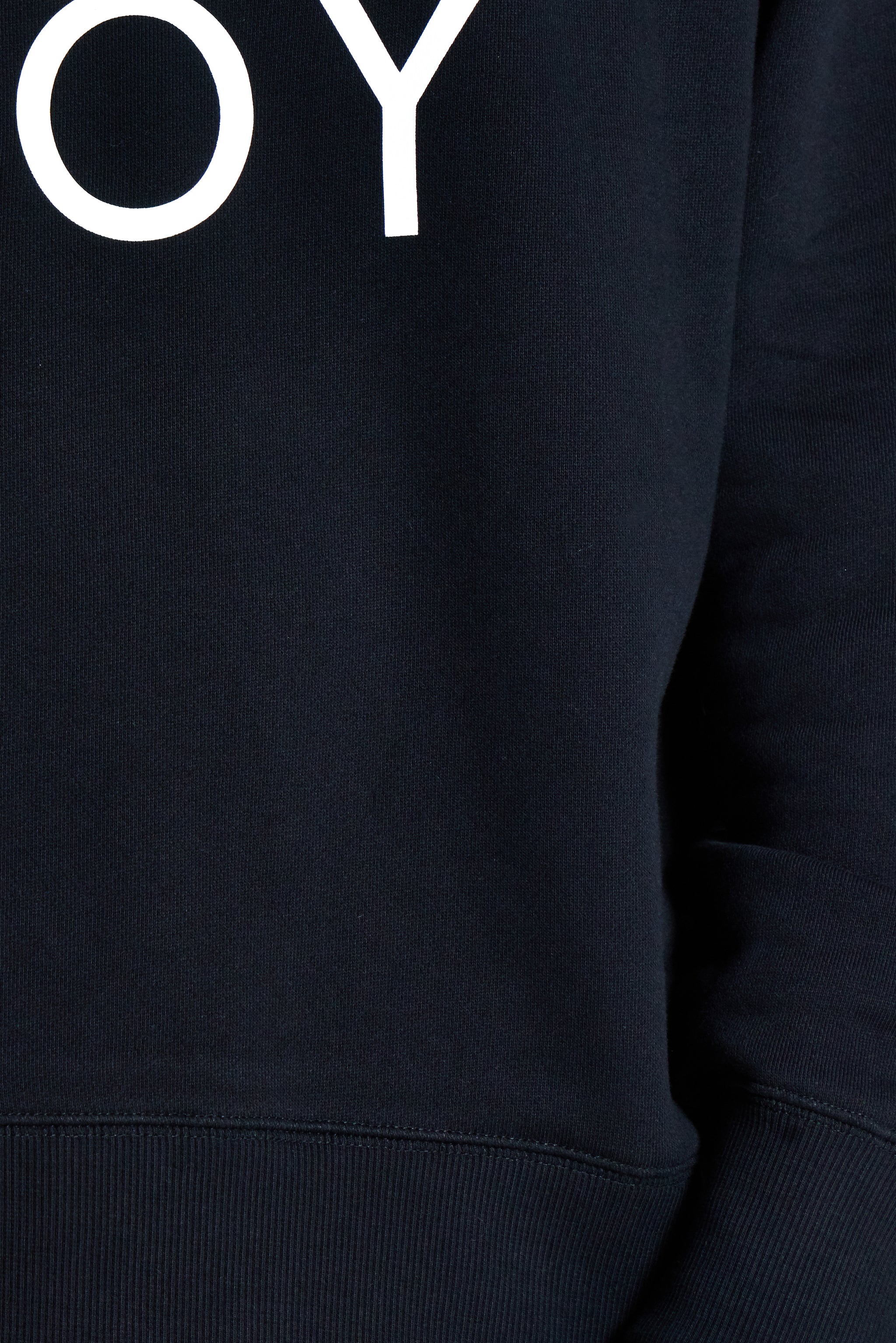 Black hoodie with white text on a dark background