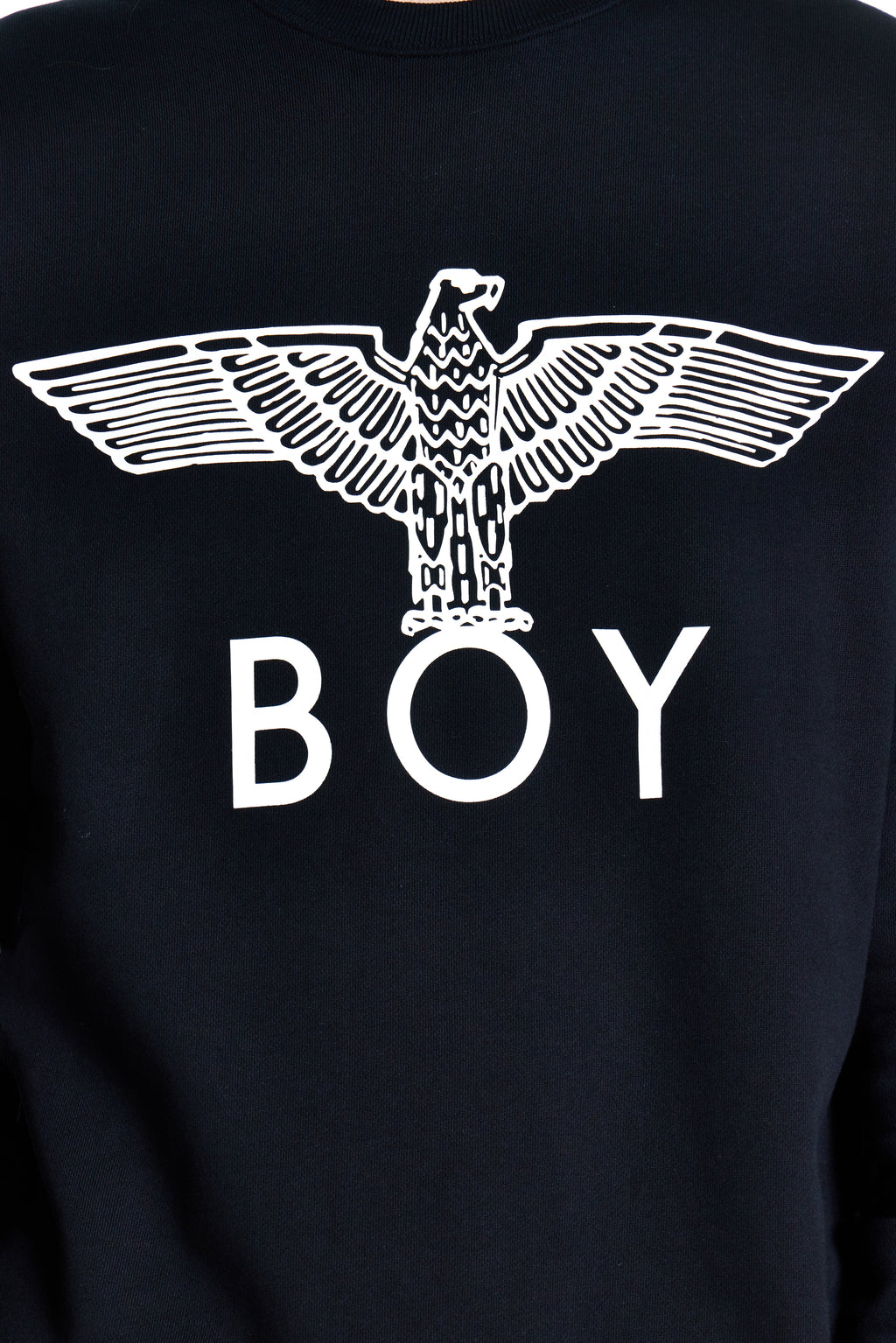 Black sweatshirt with white eagle logo and 'BOY' text