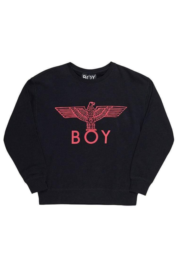 Black sweatshirt with red 'BOY' logo on a white background