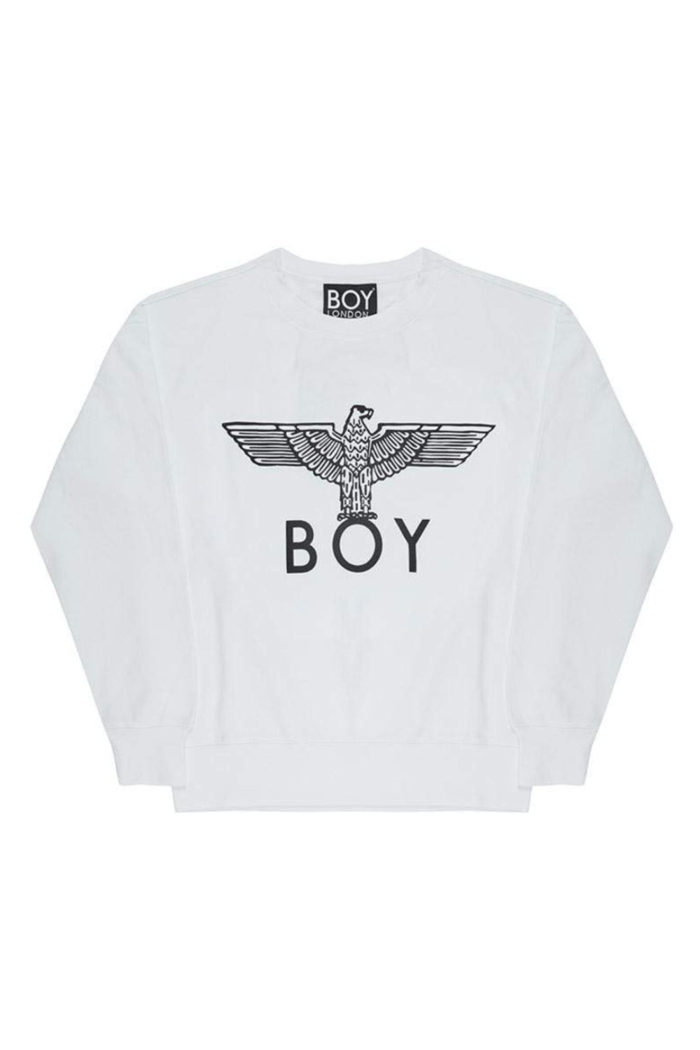 White sweatshirt with 'BOY' London logo on a white background