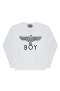 White sweatshirt with 'BOY' London logo on a white background