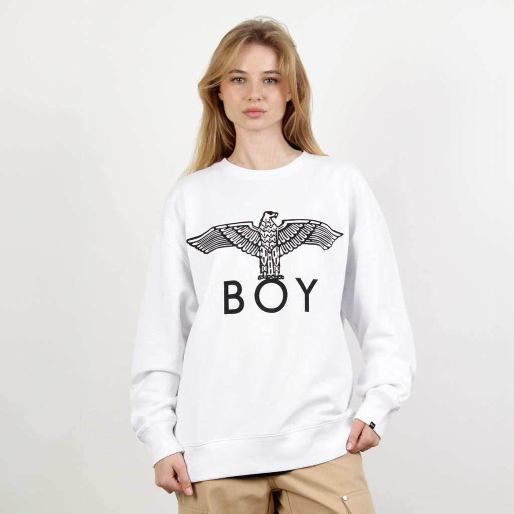 female model wearing BOY LONDON on white background 