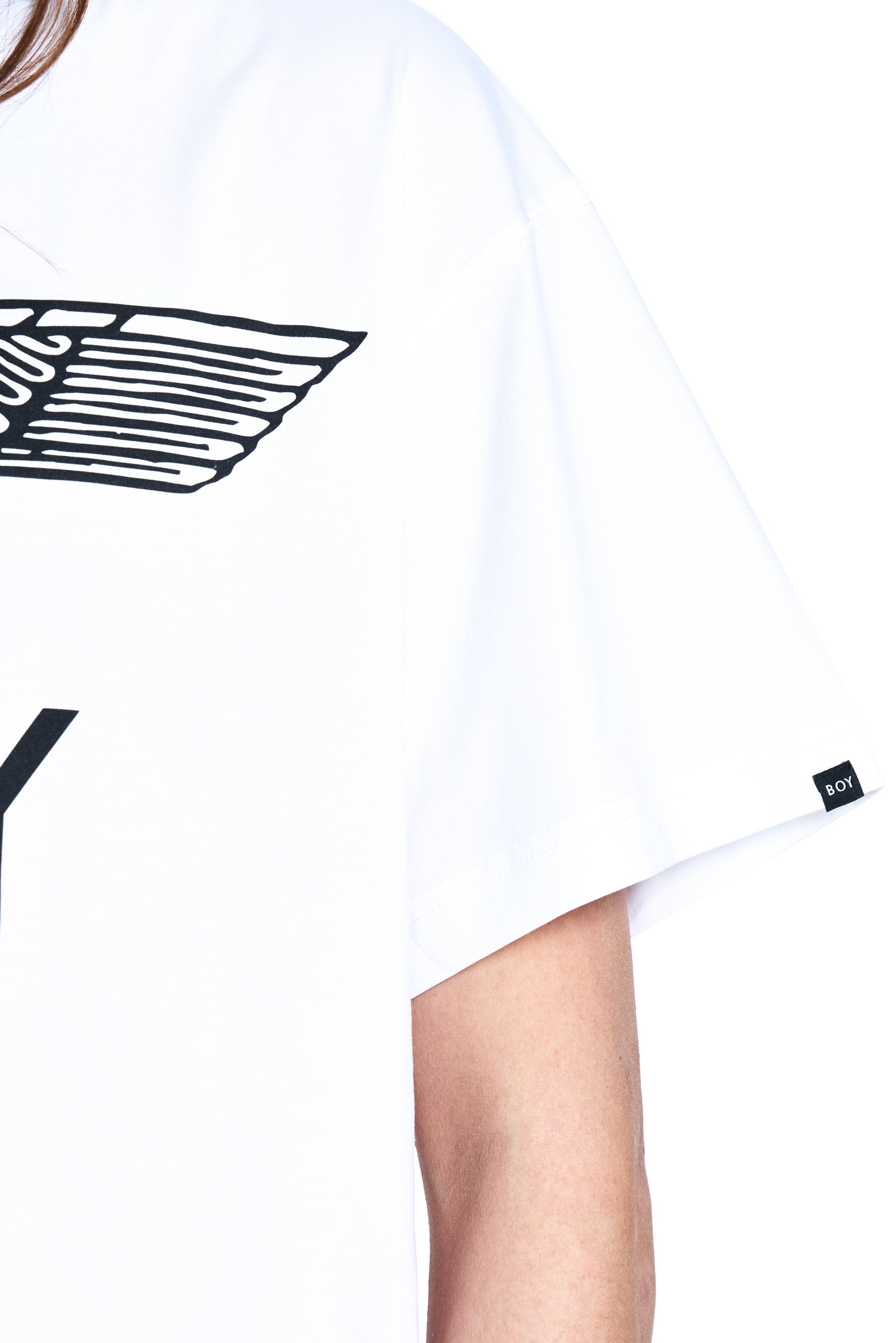 White t-shirt with black graphic design on a white background