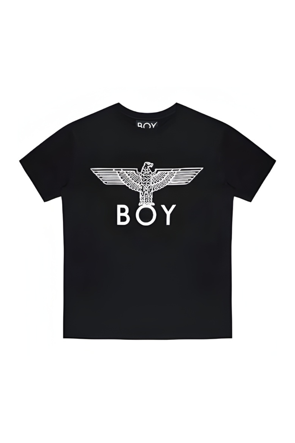 Black t-shirt with 'BOY' logo on a white background