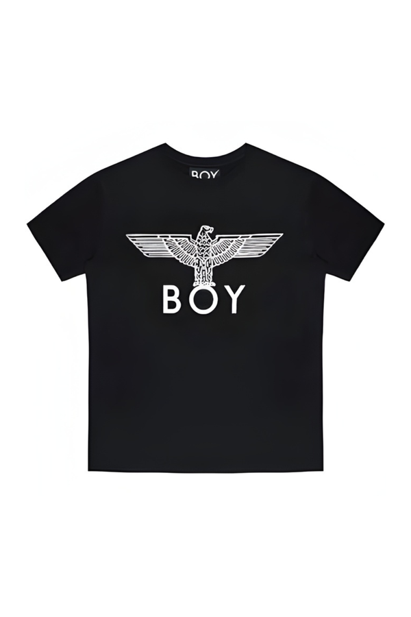 Black t-shirt with 'BOY' logo on a white background