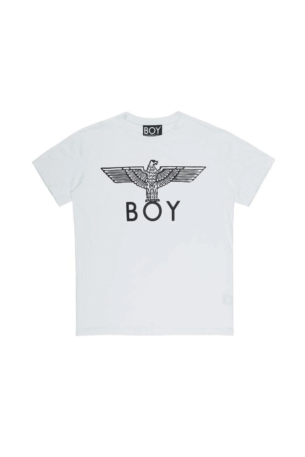 White t-shirt with black eagle graphic and 'BOY' text on a white background