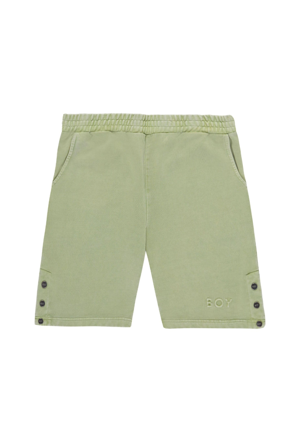 Green BOY London shorts with button details on a white background