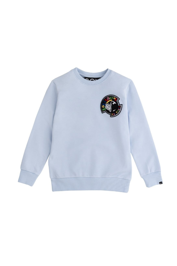 Light blue sweatshirt with a patch on a white background