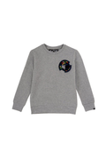 Gray sweatshirt with a colorful patch on a white background