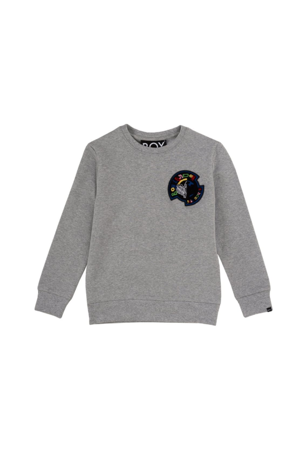 Gray sweatshirt with a colorful patch on a white background