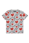 Gray t-shirt with red heart and 'BOY LONDON' pattern on a white background