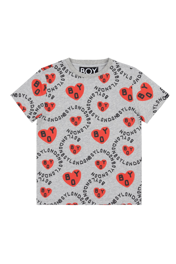 Gray t-shirt with red heart and 'BOY LONDON' pattern on a white background