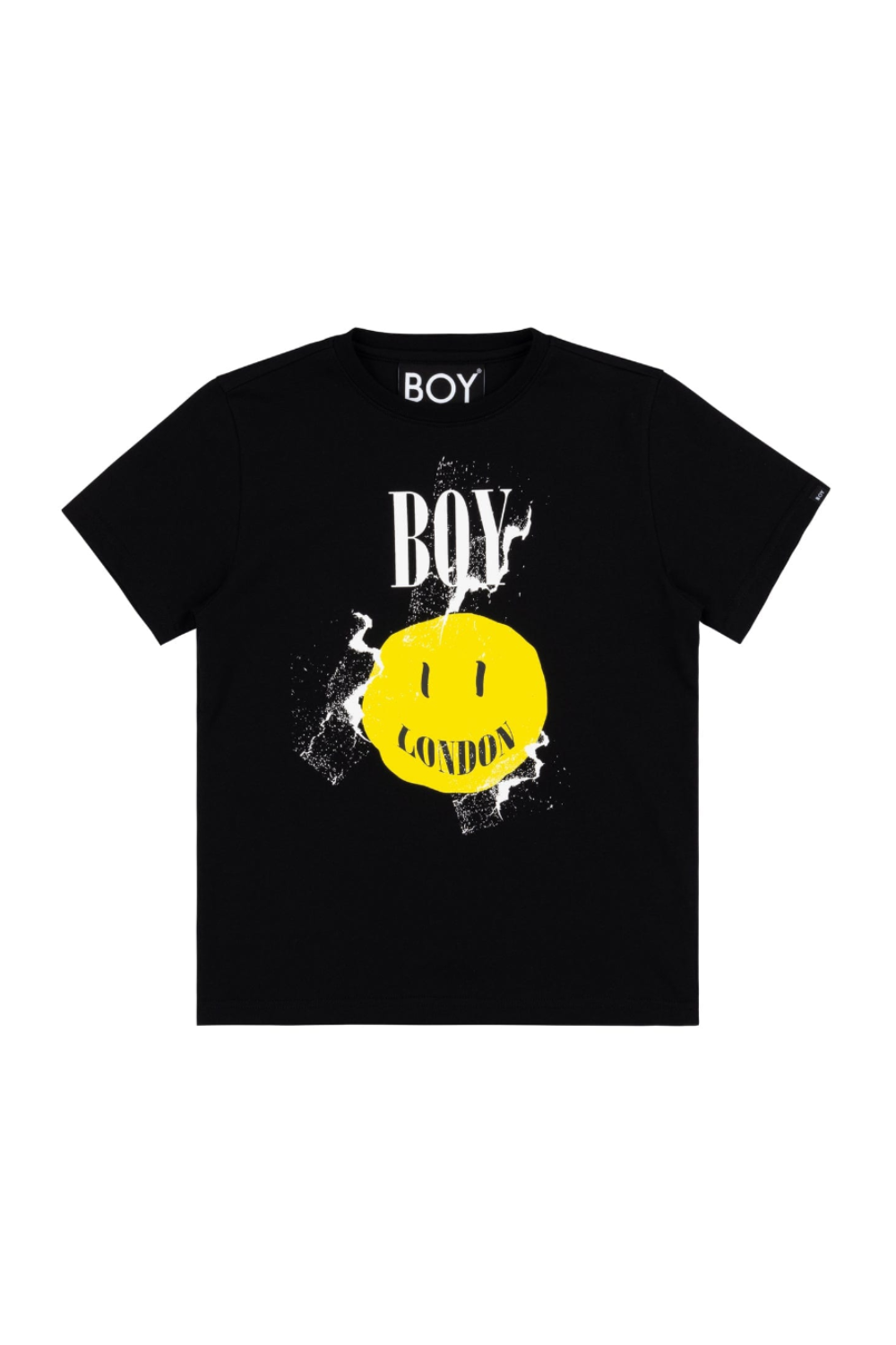 Black BOY London t-shirt with yellow smiley face and 'BOY London' text on a white background