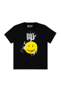 Black BOY London t-shirt with yellow smiley face and 'BOY London' text on a white background