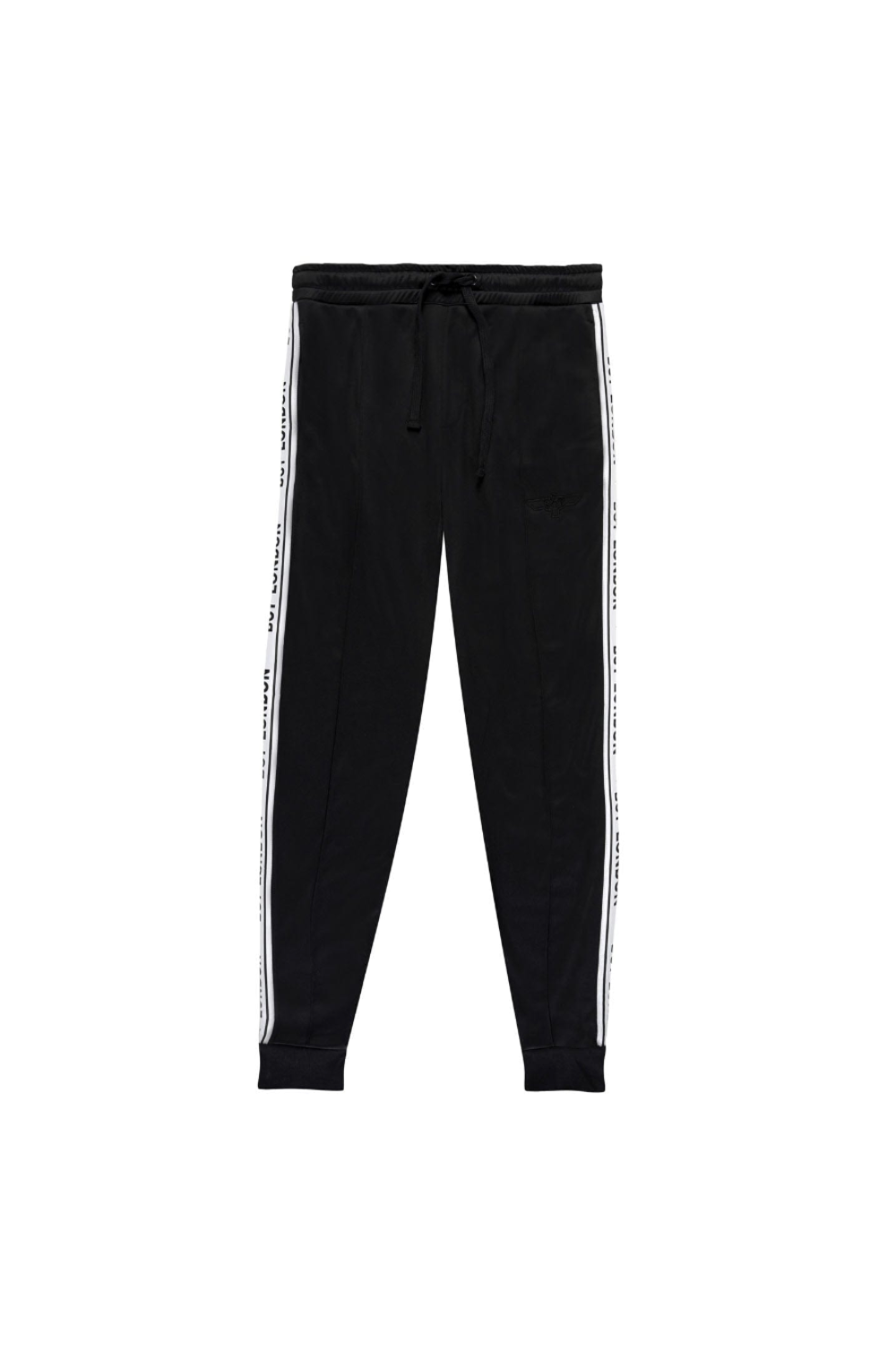 Black jogger pants with white stripes on a white background