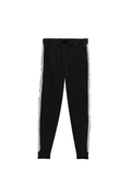 Black jogger pants with white stripes on a white background