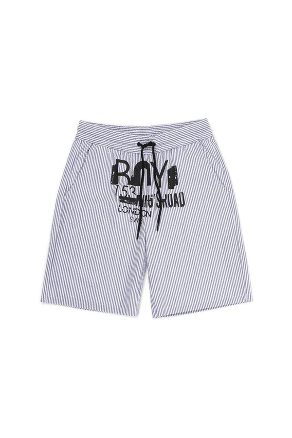 Striped shorts with a logo on a white background