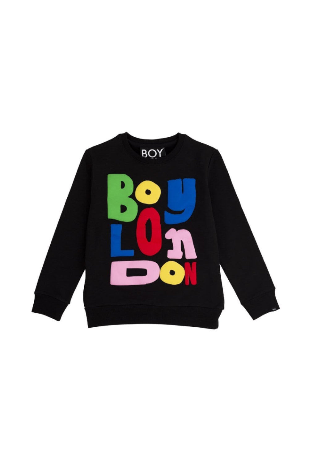 Black sweatshirt with colorful 'BOY LONDON' text on a white background