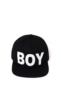 Black cap with 'BOY' London printed in white on a white background