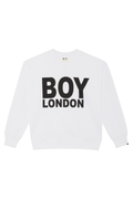 BOY LONDON sweatshirt with black text, black pants, and sunglasses on a plain background.