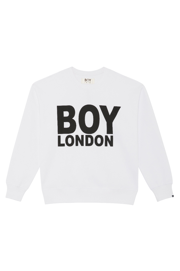 BOY LONDON sweatshirt with black text, black pants, and sunglasses on a plain background.