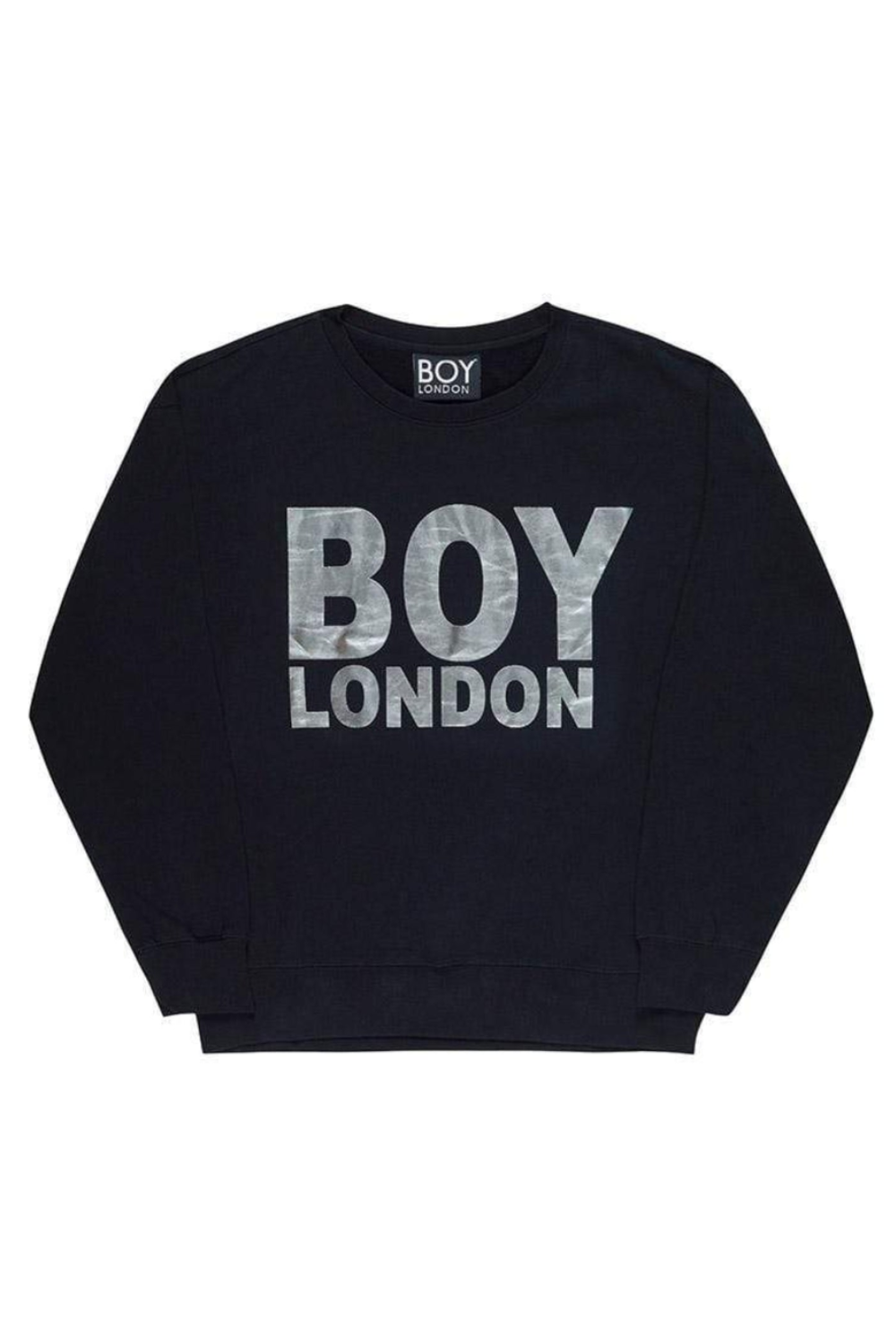 Black sweatshirt with 'BOY LONDON' text on a white background