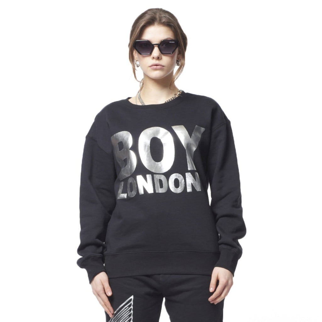 Model wearing Black sweatshirt with 'BOY LONDON' text on a white background