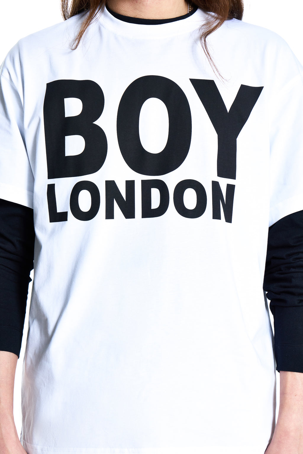 White shirt with 'BOY LONDON' text worn by a person
