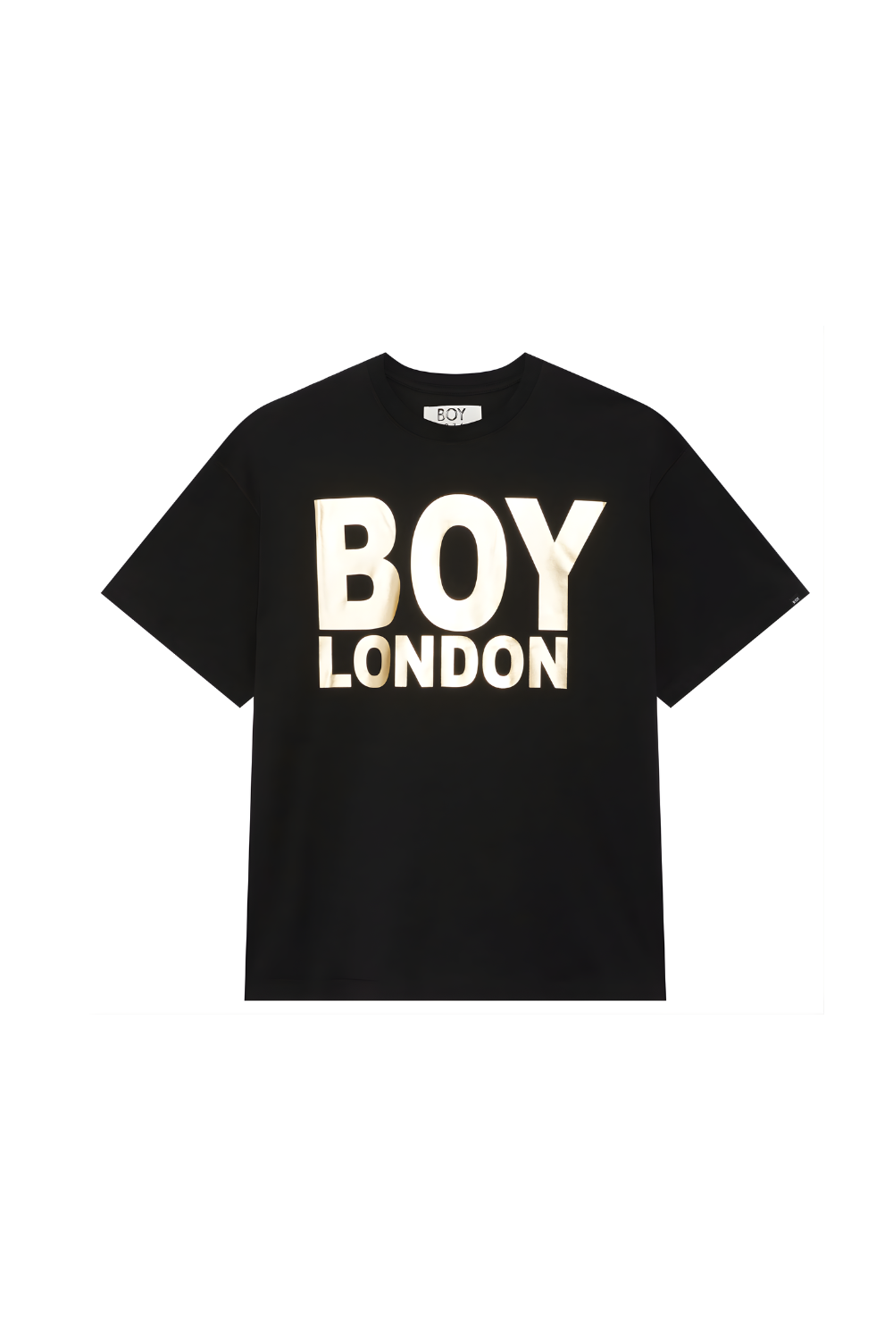 Black t-shirt with 'BOY LONDON' text on a white background