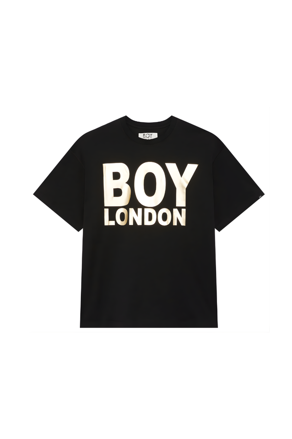 Black t-shirt with 'BOY LONDON' text on a white background