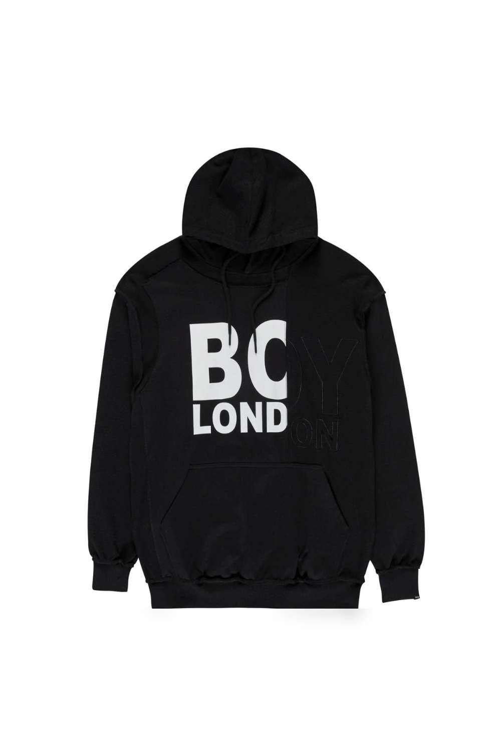 Black hoodie with BOY London text on a white background
