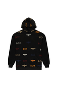 Black hoodie with 'BOY' London and logo pattern on a white background