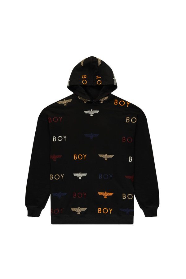 Black hoodie with 'BOY' London and logo pattern on a white background