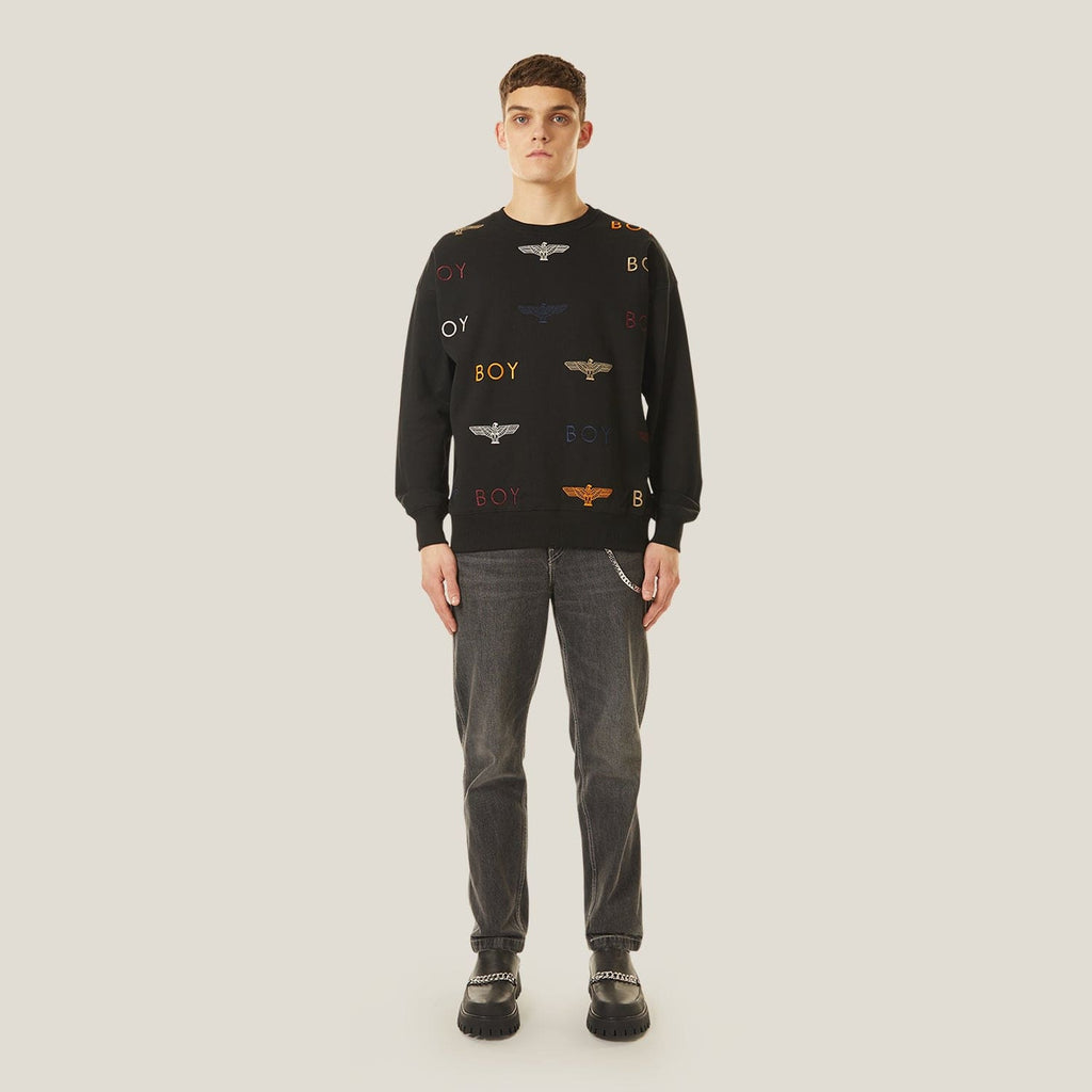 Black Boy London sweatshirt with 'BOY' logo and eagle design on a white background